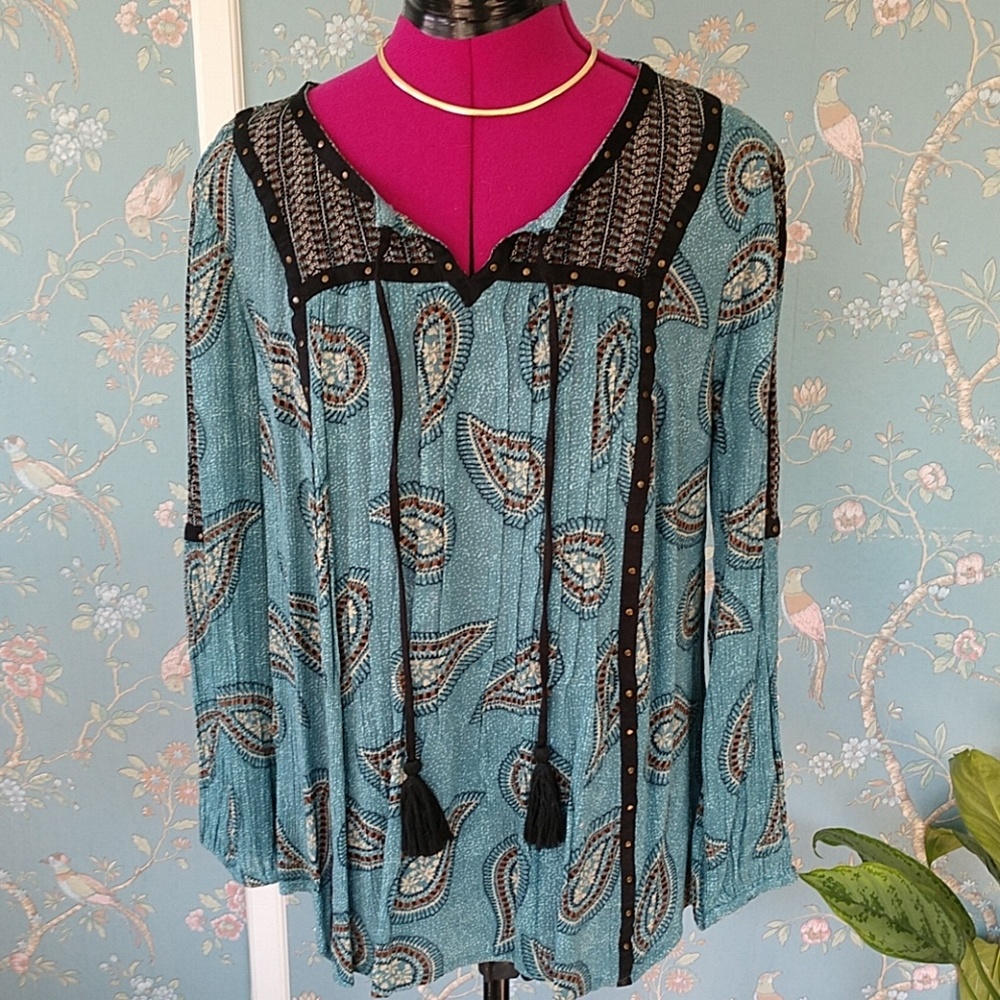 Style & Co Teal Paisley Split Neck Top